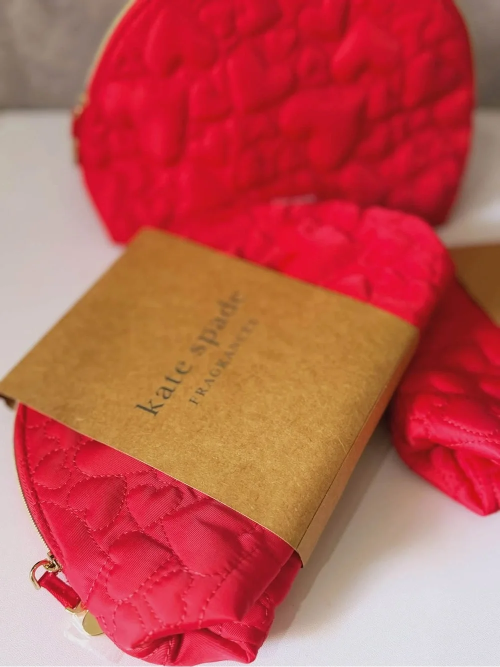 kate spade Red Quilted Heart Cosmetic Case with Gold Heart Charm